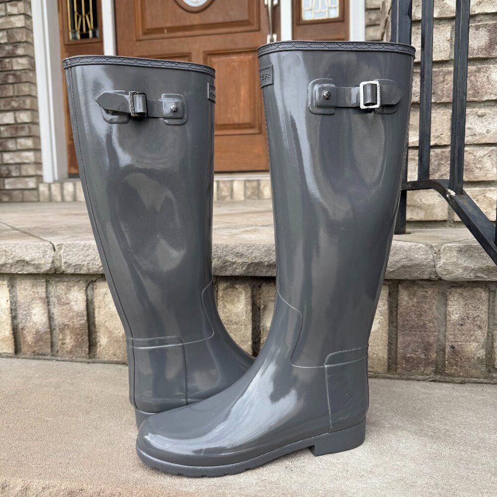 HUNTER ORIGINAL TALL GLOSS BOOTS 8 Women's Outdoor Boot Grey Rain Waterproof New
